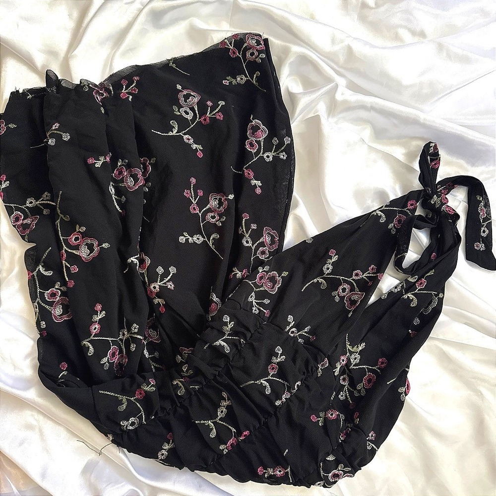 Lily Black Mesh Floral Embroidered Halter Dress Ruched Pink Green Womens Size M